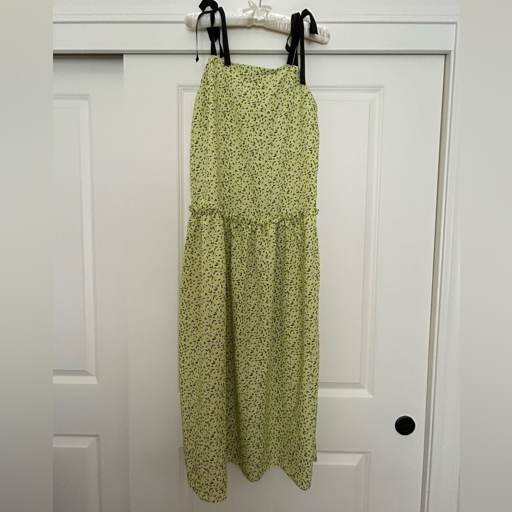 Topshop Women's Tie Strap Floral Ruffle Waist Midi Dress, Green NWOT - Picture 3 of 8